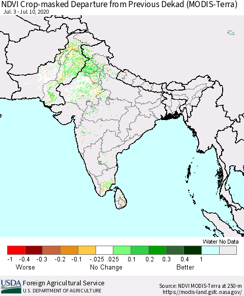 Southern Asia Cropland NDVI Departure from Previous Dekad (Terra-MODIS) Thematic Map For 7/1/2020 - 7/10/2020