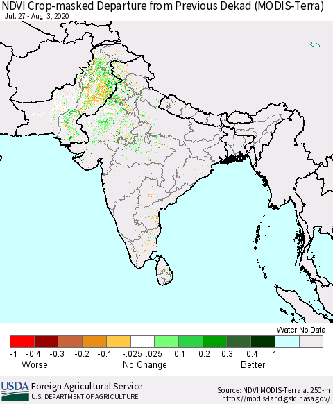Southern Asia Cropland NDVI Departure from Previous Dekad (Terra-MODIS) Thematic Map For 8/1/2020 - 8/10/2020