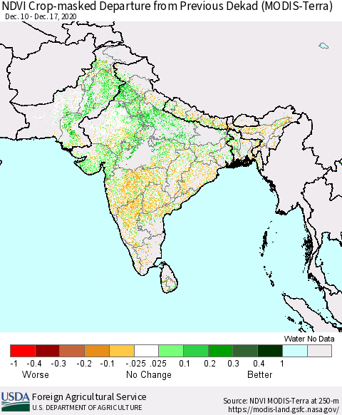 Southern Asia Cropland NDVI Departure from Previous Dekad (Terra-MODIS) Thematic Map For 12/11/2020 - 12/20/2020