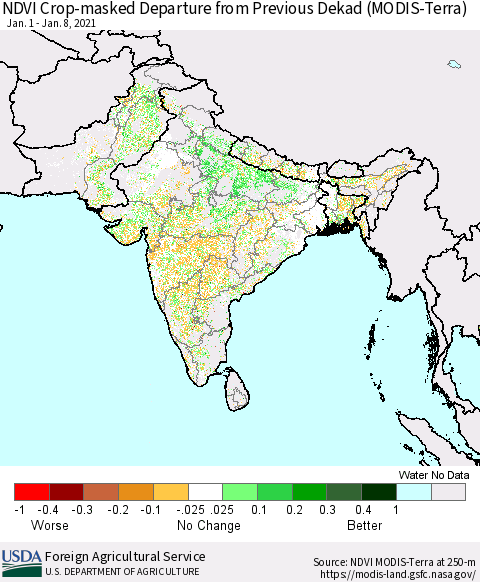 Southern Asia Cropland NDVI Departure from Previous Dekad (Terra-MODIS) Thematic Map For 1/1/2021 - 1/10/2021