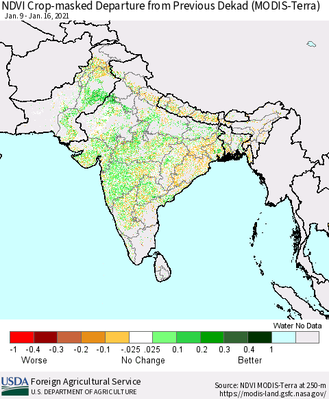 Southern Asia Cropland NDVI Departure from Previous Dekad (Terra-MODIS) Thematic Map For 1/11/2021 - 1/20/2021