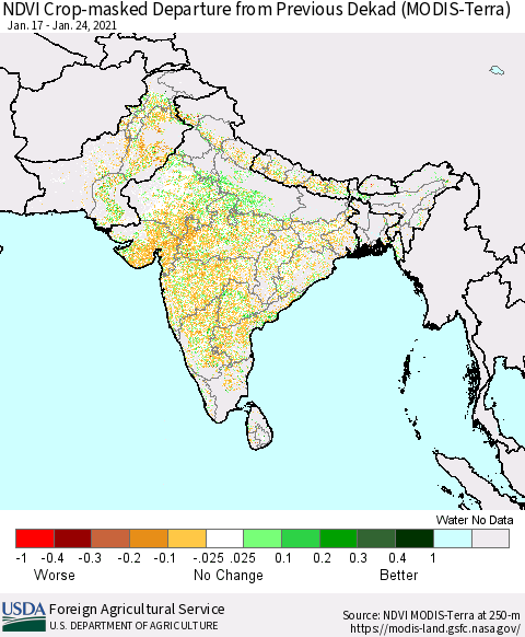 Southern Asia Cropland NDVI Departure from Previous Dekad (Terra-MODIS) Thematic Map For 1/21/2021 - 1/31/2021