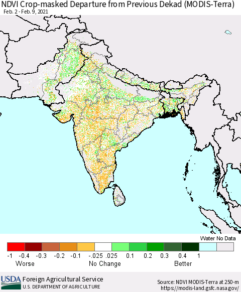 Southern Asia Cropland NDVI Departure from Previous Dekad (Terra-MODIS) Thematic Map For 2/1/2021 - 2/10/2021