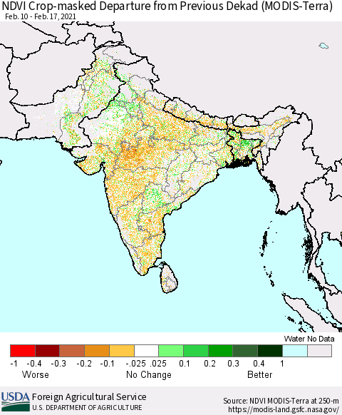 Southern Asia Cropland NDVI Departure from Previous Dekad (Terra-MODIS) Thematic Map For 2/11/2021 - 2/20/2021