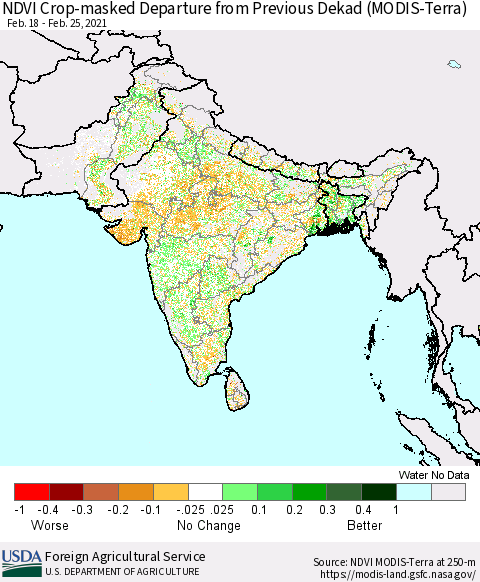 Southern Asia Cropland NDVI Departure from Previous Dekad (Terra-MODIS) Thematic Map For 2/21/2021 - 2/28/2021