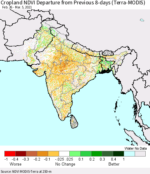 Southern Asia Cropland NDVI Departure from Previous 8-days (Terra-MODIS) Thematic Map For 2/26/2021 - 3/5/2021