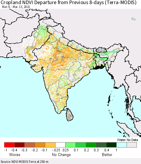 Southern Asia Cropland NDVI Departure from Previous 8-days (Terra-MODIS) Thematic Map For 3/6/2021 - 3/13/2021