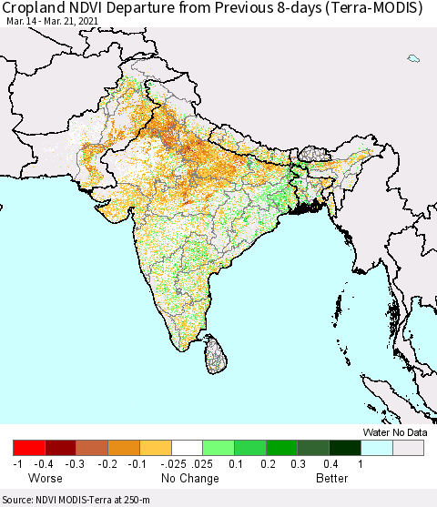 Southern Asia Cropland NDVI Departure from Previous 8-days (Terra-MODIS) Thematic Map For 3/14/2021 - 3/21/2021