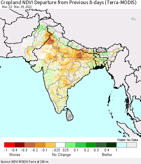 Southern Asia Cropland NDVI Departure from Previous 8-days (Terra-MODIS) Thematic Map For 3/22/2021 - 3/29/2021