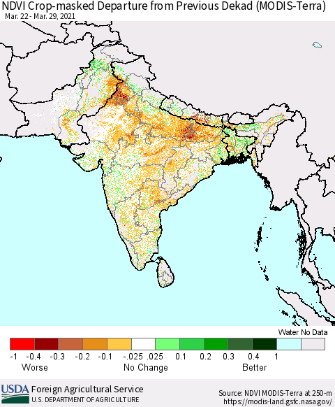 Southern Asia Cropland NDVI Departure from Previous Dekad (Terra-MODIS) Thematic Map For 3/21/2021 - 3/31/2021