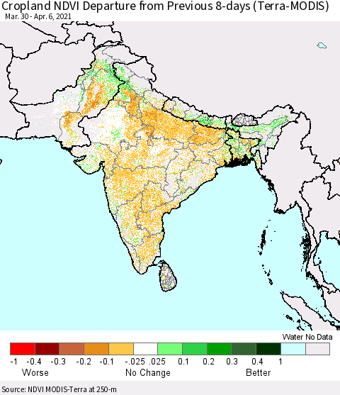 Southern Asia Cropland NDVI Departure from Previous 8-days (Terra-MODIS) Thematic Map For 3/30/2021 - 4/6/2021