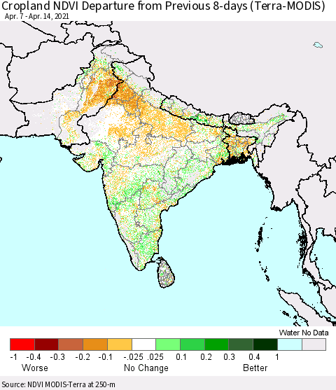 Southern Asia Cropland NDVI Departure from Previous 8-days (Terra-MODIS) Thematic Map For 4/7/2021 - 4/14/2021