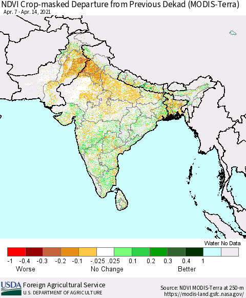 Southern Asia Cropland NDVI Departure from Previous Dekad (Terra-MODIS) Thematic Map For 4/11/2021 - 4/20/2021