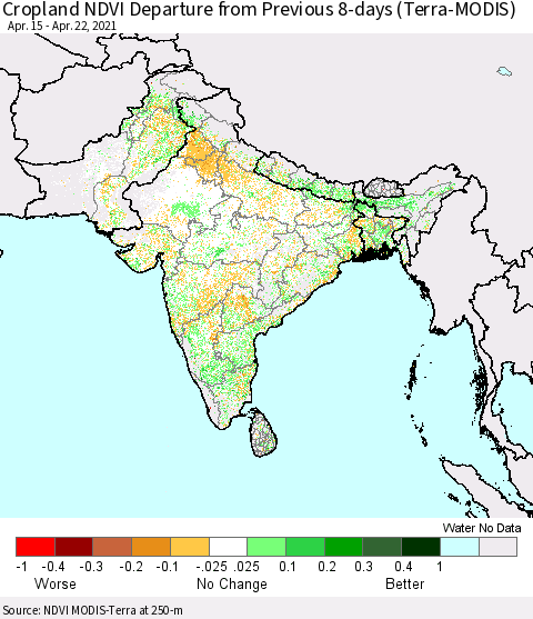 Southern Asia Cropland NDVI Departure from Previous 8-days (Terra-MODIS) Thematic Map For 4/15/2021 - 4/22/2021