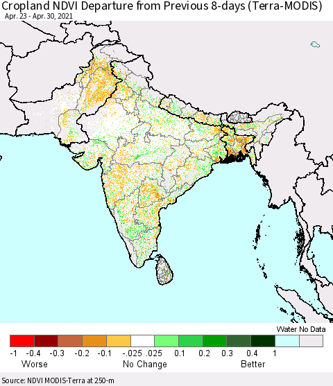 Southern Asia Cropland NDVI Departure from Previous Dekad (Terra-MODIS) Thematic Map For 4/21/2021 - 4/30/2021