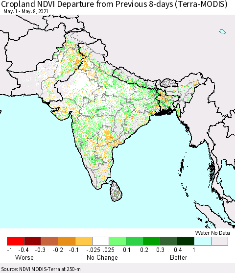 Southern Asia Cropland NDVI Departure from Previous 8-days (Terra-MODIS) Thematic Map For 5/1/2021 - 5/8/2021
