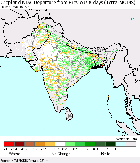 Southern Asia Cropland NDVI Departure from Previous 8-days (Terra-MODIS) Thematic Map For 5/9/2021 - 5/16/2021