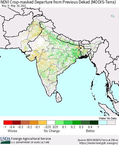 Southern Asia Cropland NDVI Departure from Previous Dekad (Terra-MODIS) Thematic Map For 5/11/2021 - 5/20/2021