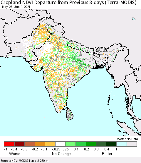 Southern Asia Cropland NDVI Departure from Previous 8-days (Terra-MODIS) Thematic Map For 5/25/2021 - 6/1/2021