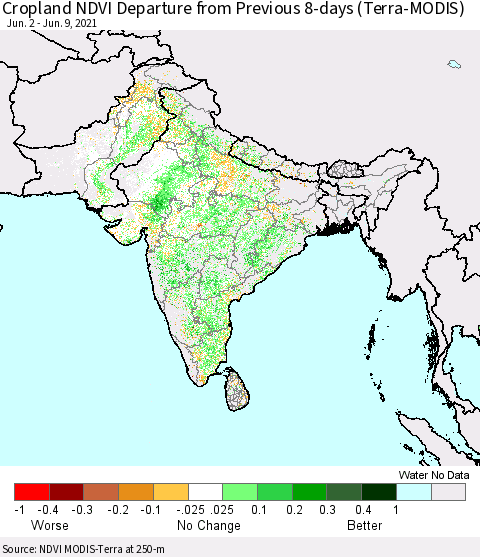 Southern Asia Cropland NDVI Departure from Previous 8-days (Terra-MODIS) Thematic Map For 6/2/2021 - 6/9/2021