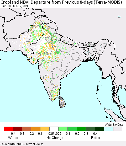 Southern Asia Cropland NDVI Departure from Previous 8-days (Terra-MODIS) Thematic Map For 6/10/2021 - 6/17/2021