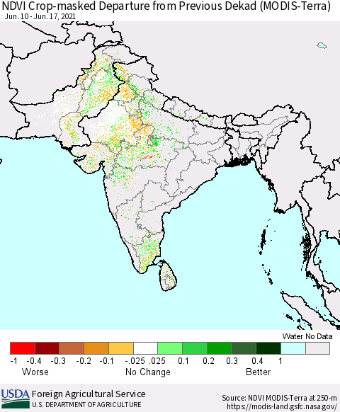 Southern Asia Cropland NDVI Departure from Previous Dekad (Terra-MODIS) Thematic Map For 6/11/2021 - 6/20/2021