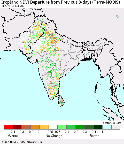 Southern Asia Cropland NDVI Departure from Previous 8-days (Terra-MODIS) Thematic Map For 6/26/2021 - 7/3/2021