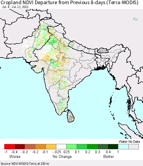 Southern Asia Cropland NDVI Departure from Previous 8-days (Terra-MODIS) Thematic Map For 7/4/2021 - 7/11/2021