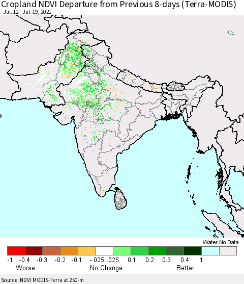 Southern Asia Cropland NDVI Departure from Previous 8-days (Terra-MODIS) Thematic Map For 7/12/2021 - 7/19/2021