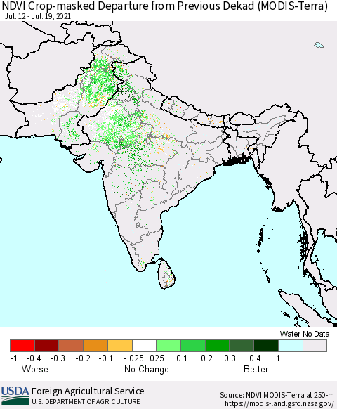 Southern Asia Cropland NDVI Departure from Previous Dekad (Terra-MODIS) Thematic Map For 7/11/2021 - 7/20/2021