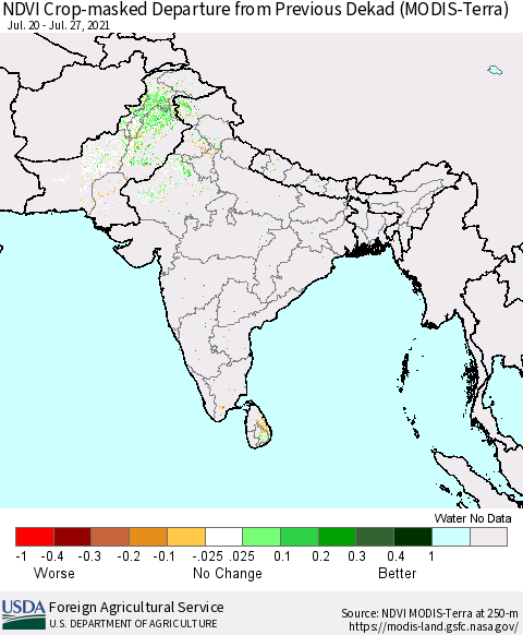Southern Asia Cropland NDVI Departure from Previous Dekad (Terra-MODIS) Thematic Map For 7/21/2021 - 7/31/2021
