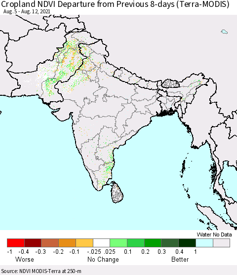 Southern Asia Cropland NDVI Departure from Previous 8-days (Terra-MODIS) Thematic Map For 8/5/2021 - 8/12/2021