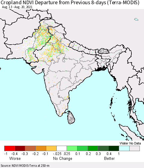 Southern Asia Cropland NDVI Departure from Previous 8-days (Terra-MODIS) Thematic Map For 8/13/2021 - 8/20/2021