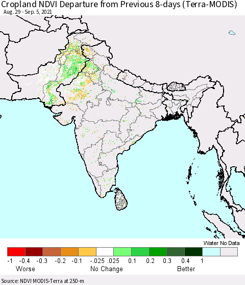 Southern Asia Cropland NDVI Departure from Previous 8-days (Terra-MODIS) Thematic Map For 8/29/2021 - 9/5/2021