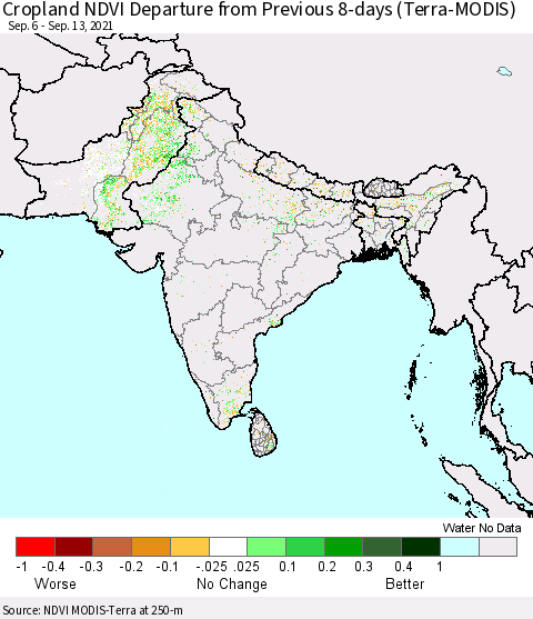 Southern Asia Cropland NDVI Departure from Previous 8-days (Terra-MODIS) Thematic Map For 9/6/2021 - 9/13/2021