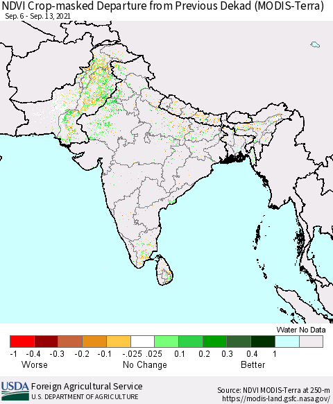 Southern Asia Cropland NDVI Departure from Previous Dekad (Terra-MODIS) Thematic Map For 9/11/2021 - 9/20/2021