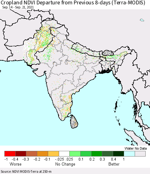 Southern Asia Cropland NDVI Departure from Previous 8-days (Terra-MODIS) Thematic Map For 9/14/2021 - 9/21/2021