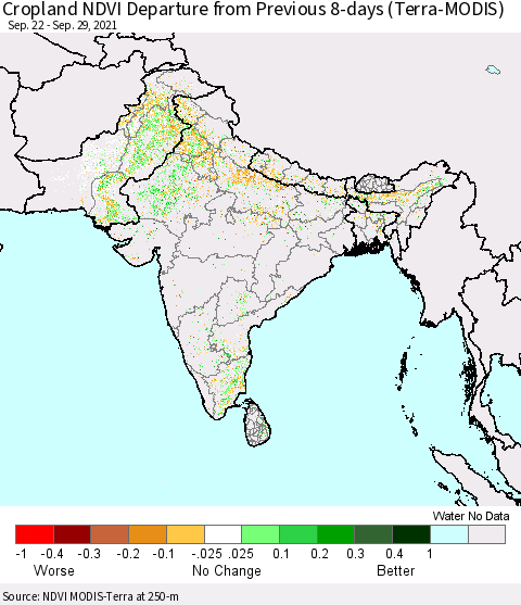 Southern Asia Cropland NDVI Departure from Previous 8-days (Terra-MODIS) Thematic Map For 9/22/2021 - 9/29/2021