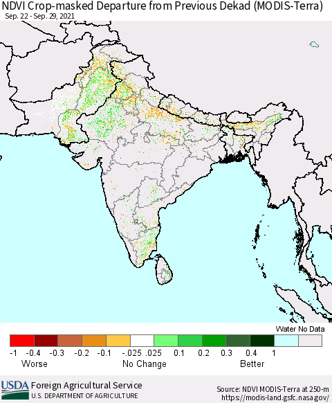 Southern Asia Cropland NDVI Departure from Previous Dekad (Terra-MODIS) Thematic Map For 9/21/2021 - 9/30/2021