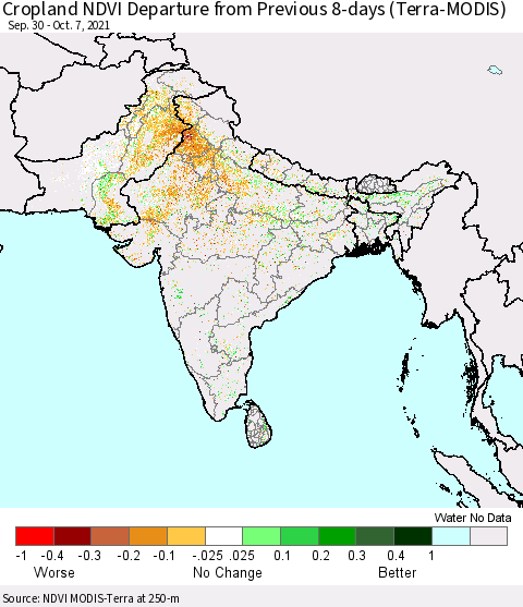 Southern Asia Cropland NDVI Departure from Previous 8-days (Terra-MODIS) Thematic Map For 9/30/2021 - 10/7/2021