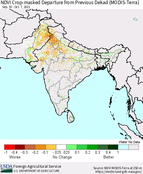 Southern Asia Cropland NDVI Departure from Previous Dekad (Terra-MODIS) Thematic Map For 10/1/2021 - 10/10/2021