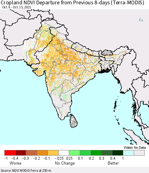 Southern Asia Cropland NDVI Departure from Previous 8-days (Terra-MODIS) Thematic Map For 10/8/2021 - 10/15/2021
