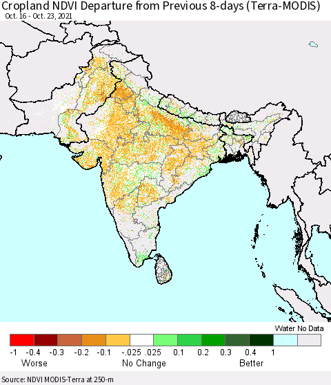 Southern Asia Cropland NDVI Departure from Previous 8-days (Terra-MODIS) Thematic Map For 10/16/2021 - 10/23/2021