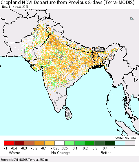 Southern Asia Cropland NDVI Departure from Previous 8-days (Terra-MODIS) Thematic Map For 11/1/2021 - 11/8/2021