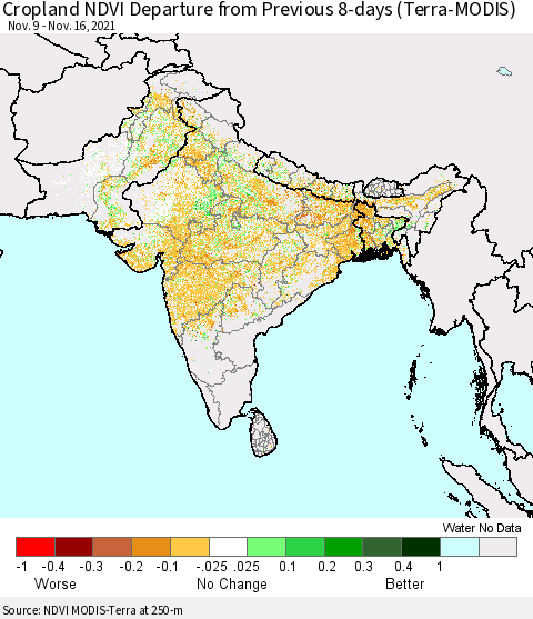 Southern Asia Cropland NDVI Departure from Previous 8-days (Terra-MODIS) Thematic Map For 11/9/2021 - 11/16/2021