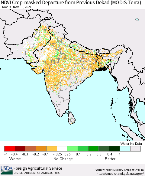 Southern Asia NDVI Crop-masked Departure from Previous Dekad (MODIS-Terra) Thematic Map For 11/11/2021 - 11/20/2021