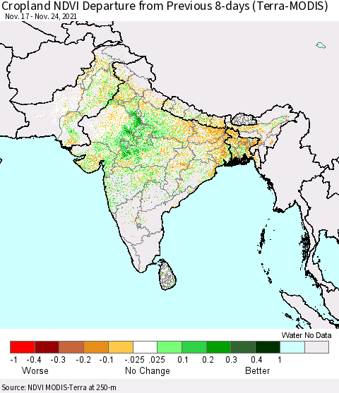 Southern Asia Cropland NDVI Departure from Previous 8-days (Terra-MODIS) Thematic Map For 11/17/2021 - 11/24/2021