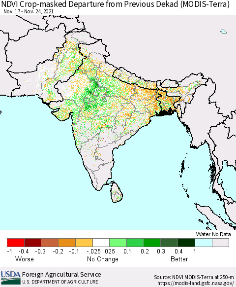 Southern Asia Cropland NDVI Departure from Previous Dekad (Terra-MODIS) Thematic Map For 11/21/2021 - 11/30/2021