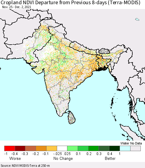 Southern Asia Cropland NDVI Departure from Previous 8-days (Terra-MODIS) Thematic Map For 11/25/2021 - 12/2/2021