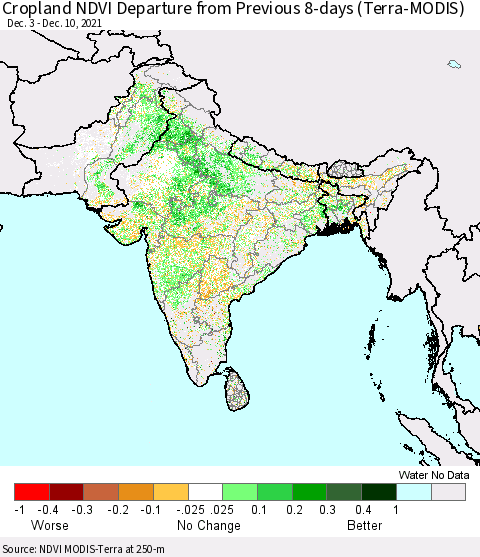 Southern Asia Cropland NDVI Departure from Previous 8-days (Terra-MODIS) Thematic Map For 12/3/2021 - 12/10/2021